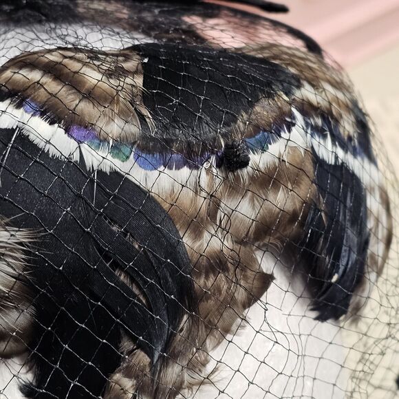 Vintage 50\'s Feather Trimmed Black Pillbox Hat With Polka Dot Veil Whimsigoth main image 5